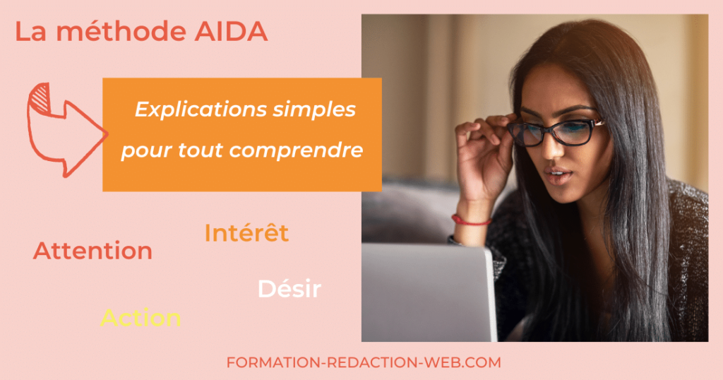 Une femme qui se renseigne sur la méthode AIDA (Attention, Intérêt, Désir, Action) pour comprendre comment l'utiliser.