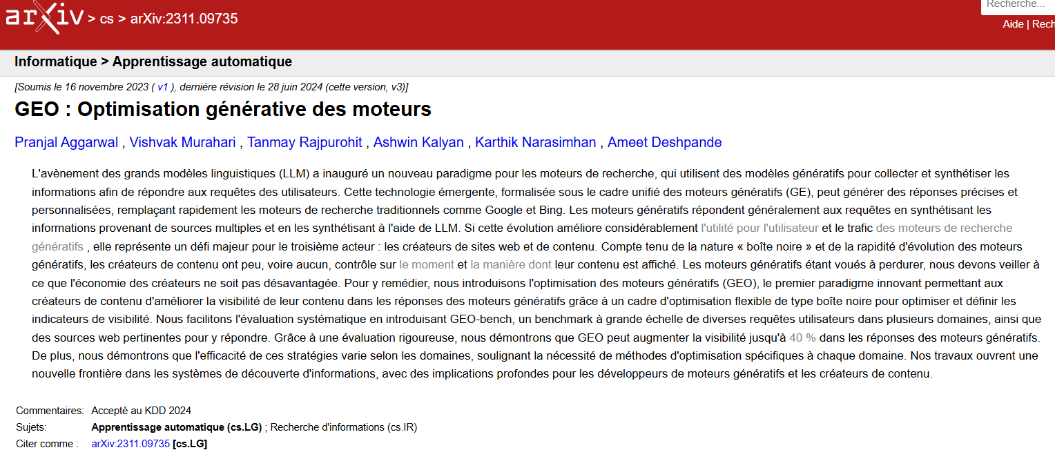 Article fondateur du GEO (Generative Engine Optimization) publié sur arXiv en 2023.